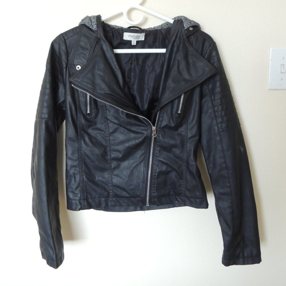 Charlotte Russe, Medium, Black Faux-Leather Jacket with Grey hoodie